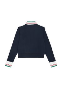 Marineblauwe sweatshirt met een cropped ontwerp, voorzien van witte mouwen en strepen in rood en groen bij de manchetten en kraag. Vloeiende textuur.