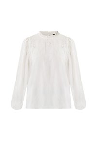 Blusa bianca a maniche lunghe con scollatura alta, motivo floreale ricamato, spalle arricciate e chiusura con bottoni sul retro. Tessuto morbido.