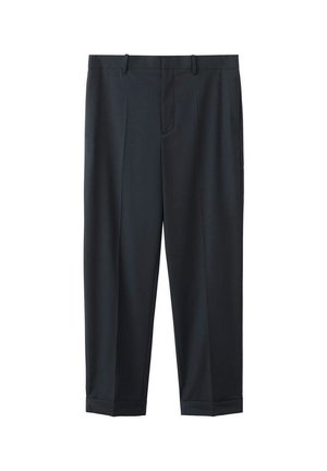 Schwarze Hose aus glattem Stoff, mit maßgeschneidertem Design, zwei Vorder Taschen und geraden Beinen mit Bündchen am Knöchel.