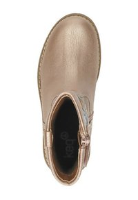 Metallic rose gold ankle boot with a smooth, shiny texture, side zipper closure, and decorative stitching near the ankle.