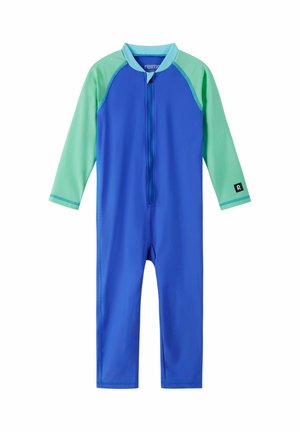 Dziecięcy jednoczęściowy strój kąpielowy z długim rękawem w kolorze niebieskim z miętowozielonymi rękawami i zamkiem błyskawicznym z przodu.