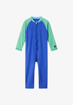 Dziecięcy jednoczęściowy strój kąpielowy z długim rękawem w kolorze niebieskim z miętowozielonymi rękawami i zamkiem błyskawicznym z przodu.