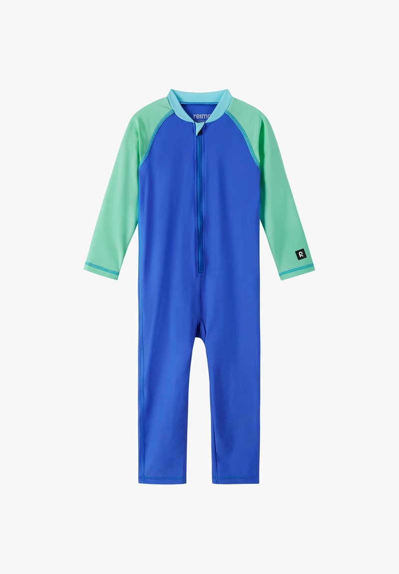 Maillot de bain une pièce manches longues pour enfants bleu avec manches vert menthe et fermeture éclair devant.