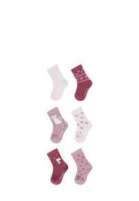Set of six children's socks in various shades of pink and burgundy. Patterns include hearts, a cat, and flower motifs. Cotton blend material.