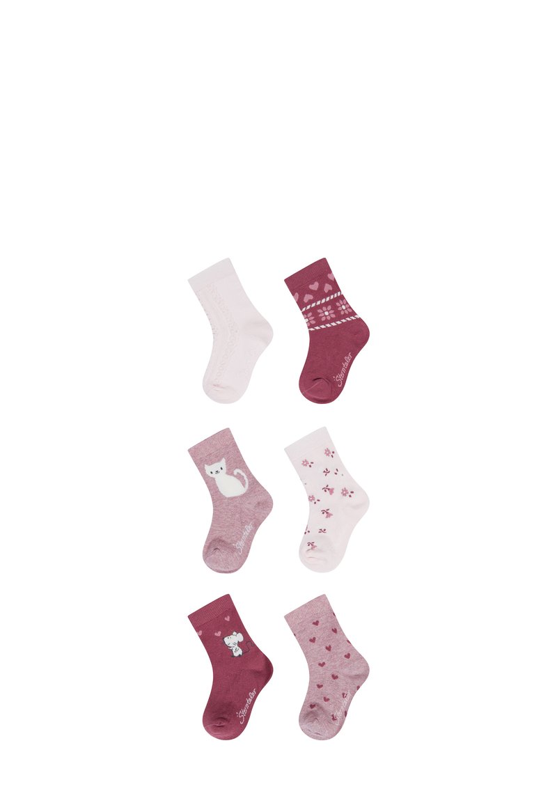 Set of six children's socks in various shades of pink and burgundy. Patterns include hearts, a cat, and flower motifs. Cotton blend material.