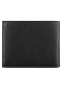 Portefeuille en cuir noir avec une surface texturée, design bi-fold et bords cousus. Fini lisse sans matériel ou motifs visibles.
