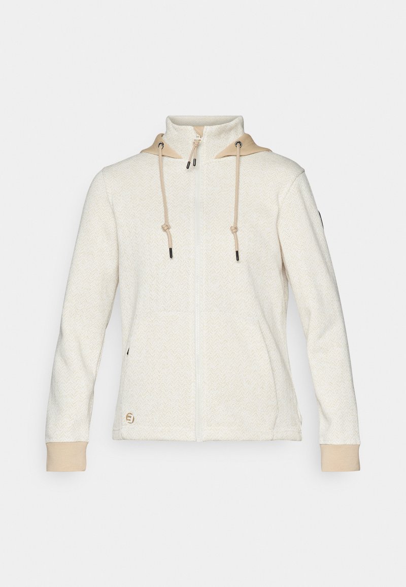 Veste en polaire de couleur beige clair avec un motif en chevron, fermeture zippée intégrale, capuche avec une bordure beige et cordons de serrage. Elle dispose de poches latérales et de poignets élastiques.