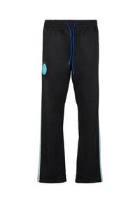 Crne trenirke s remenom za podešavanje u struku, sa plavim akcentima i uzorkom na bočnoj strani. Sadrži logo na gornjem dijelu nogavice.