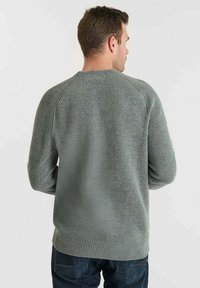 Grüner Strickpullover mit Rundhalsausschnitt, gerippten Bündchen und Saum. Hat eine strukturierte Oberfläche und Raglanärmel, die eine lässige Passform bieten.