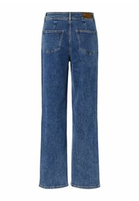 Kapean siniset farkut leveillä lahkeilla ja vaalealla pesulla. Varustettu kahdella takataskulla, vyölenkeillä ja nahkapatchilla vyötäröllä.