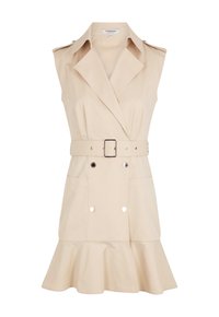 Beige mouwloze jurk met een ceintuur in de taille, dubbele knopen aan de voorkant, klepzakken en een uitlopende zoom. Gemaakt van een zachte stof met een gestructureerd ontwerp.