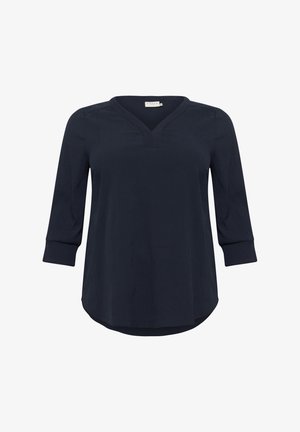 Sötétkék blúz V-nyakkivágással, háromnegyedes ujjakkal és enyhén ívelt hem. Könnyű, texturált anyagból készült.
