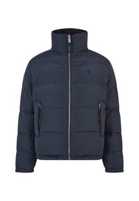 Námořnická modrá zateplená bunda s vysokým límcem, předním zipem a dvěma bočními kapsami na zip. Hladký materiál s jemným logem.