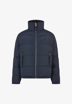 Giubbotto imbottito blu navy con colletto alto, chiusura frontale con zip e due tasche laterali con zip. Tessuto liscio con dettagli del logo sottili.