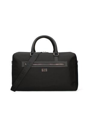Sac noir en tissu texturé avec des accents en cuir. Dispose de doubles poignées, d'une bandoulière réglable et d'une poche zippée à l'avant.