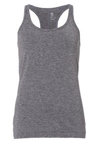Graues sportliches Tanktop aus weichem, meliertem Stoff. Verfügt über ein Racerback-Design und verstärkte Nähte an Ausschnitt und Armausschnitten.