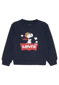 Donkerblauwe sweatshirt met geribbelde manchetten en halslijn, voorzien van een rood Levi's-logo en Snoopy-grafiek in witte en bruine tinten.