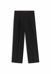 Black wide-leg trousers with a flat front, two side pockets, pleated design, and a contrasting red interior waistband.