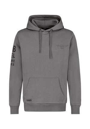 Grauer Kapuzenpullover mit einer Fronttasche, Kordeln und bedrucktem Text am Ärmel. Weiches Material mit gerippten Bündchen und Saum.