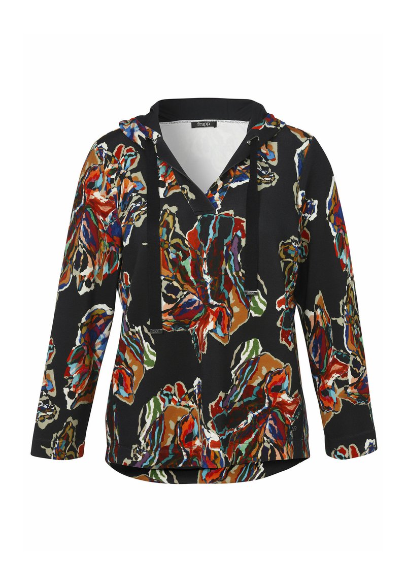 Kapuzensweatshirt mit lebendigem Blumenmuster in Rot, Blau, Grün und Braun auf schwarzem Hintergrund. Verfügt über einen V-Ausschnitt und lange Ärmel.
