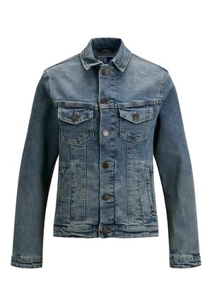 Blaue Jeansjacke mit Knopfleiste, zwei Brustklappentaschen und seitlichen Schlitztaschen, zeigt ausgewaschenen Look und klassische Nahtdetails.
