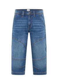 Blaue Jeansshorts mit geradem Schnitt, versehen mit ausgeprägten Nahtmustern und einem Fünf-Taschen-Design. Knopfverschluss an der Taille.