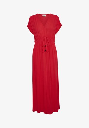 Punane maksikleit V-kaelusega, lühikeste nahkhiirevarrukatega ja tõmmatava vöökohaga. Valmistatud kergest materjalist, millel on sile tekstuur.