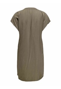 Khaki Baumwollkleid mit kurzen Ärmeln, rundem Ausschnitt und lockerer Passform; glatte Textur und knielanges Design. Keine Muster oder Hardware-Details.
