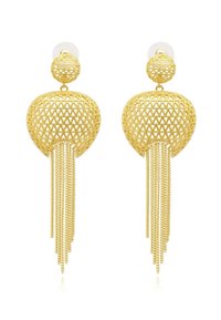 Boucles d'oreilles dorées avec un design en maille géométrique, comprenant un clou circulaire et de longues franges en chaîne pour un mouvement supplémentaire.