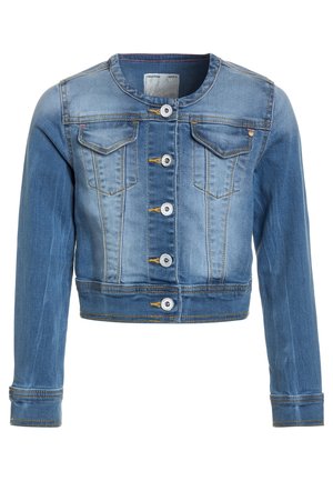 Cropped denim jacket in light blue, featuring a round neckline, two chest pockets, front button closure, and contrasting stitching details.