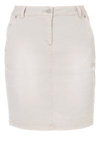Beige spijkerrok tot de knie met een knoopsluiting aan de voorkant, ritssluiting, riemlussen en zijzakken.