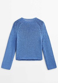 Sweter dziany w jasnoniebieskim kolorze, z okrągłym dekoltem i długimi rękawami. Struktura swetra jest otwarta i luźna, o skróconym kroju.