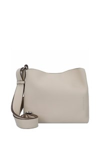 Borsa a tracolla in pelle beige con una finitura testurizzata. Presenta un bordo superiore liscio e curvo e una tracolla rimovibile. Design minimalista, senza hardware visibile.