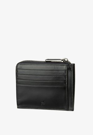 Portafoglio nero in pelle con quattro fessure orizzontali per carte e un compartimento superiore con cerniera, mostrato su uno sfondo bianco.