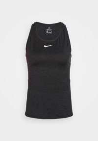 Canotta nera Nike Dri-FIT, design senza maniche, texture liscia, collo rotondo, con logo swoosh bianco sul petto.