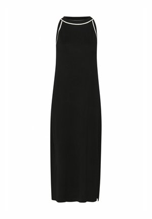 Robe noire sans manches avec un col rond, dotée de passepoils blancs le long des épaules et d'une fente latérale pour faciliter les mouvements.