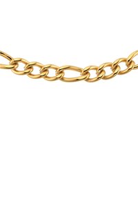 Collana in metallo color oro con anelli ovali interconnessi, caratterizzata da una superficie liscia e lucida. Non sono presenti ulteriori decorazioni o dettagli.
