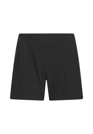 Schwarze, maßgeschneiderte Shorts aus leichtem Stoff mit gerader Passform, zwei vertikalen Falten und glatter Textur.