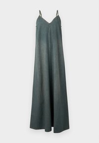 Jeans maxi kjole med tynne stropper, V-hals og en løs, flytende silhuett. Den har en falmet blå farge og et enkelt design.