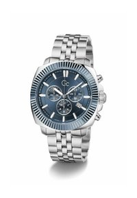 Chronograph wristwatch with a blue dial, silver-tone stainless steel case, and a link bracelet. Features textured bezel and date display.