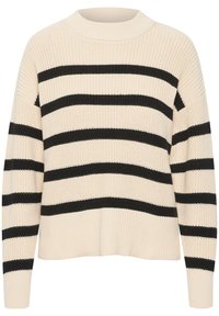 Knit sweater in cream with broad black stripes. Features a high neckline, dropped shoulders, and ribbed hem and cuffs for texture.
