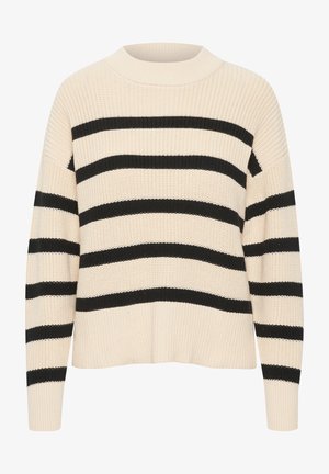 Knit sweater in cream with broad black stripes. Features a high neckline, dropped shoulders, and ribbed hem and cuffs for texture.