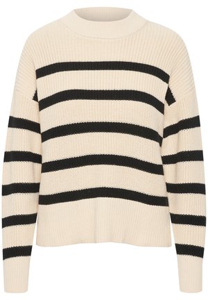 Pull en tricot avec un fond beige et de larges rayures noires horizontales. Il présente un col rond et des poignets et un ourlet côtelés.