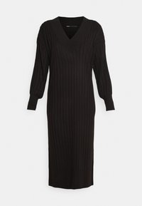 Abito di maglia nero con scollo a V, texture a coste e maniche lunghe. Il design presenta righe verticali e una lunghezza fino a metà polpaccio.