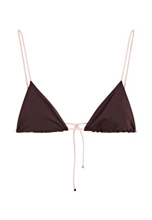 Górna część bikini w kształcie trójkąta w ciemnym brązie z cienkimi, jasnoróżowymi regulowanymi ramiączkami i wiązaniem z przodu na środku.