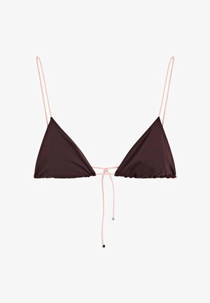 Górna część bikini w kształcie trójkąta w ciemnym brązie z cienkimi, jasnoróżowymi regulowanymi ramiączkami i wiązaniem z przodu na środku.