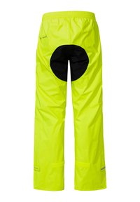 Pantaloni impermeabili gialli brillanti con vita elastica, accentuazione circolare nera sul retro e chiusure regolabili in Velcro ai polsini.