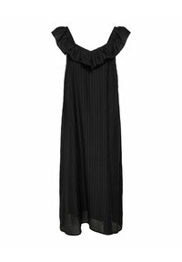 Vestido midi negro sin mangas con rayas verticales texturizadas y un escote rizado sin hombros sobre un fondo blanco.