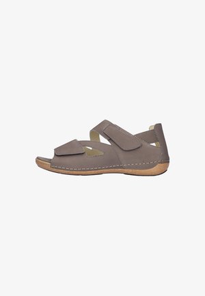 Sandalo grigio con punta aperta, due cinturini regolabili in velcro e suola piatta con texture in sughero, progettato per comfort e facilità di utilizzo.