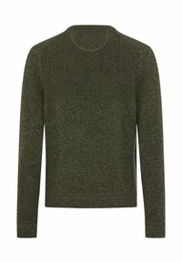 Dunkelgrüner, gestrickter Pullover mit langen Ärmeln, strukturiertem oberen Rückenpanel sowie geripptem Saum und Bündchen.